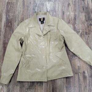 Vintage 77 Brand Cream Patent Vinyl Jacket 1970s Retro Shiny Faux Leather Size M